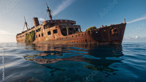 amazing rusty ship sunk in the middle of the sea with good day lighting in the blue pacific sea. photo