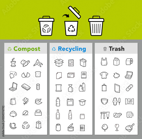 Ready sets of icons for separating waste on trash, compost, recycle. Vector elements are made with high contrast, well suited to different scales. Ready for use in your design. EPS10.