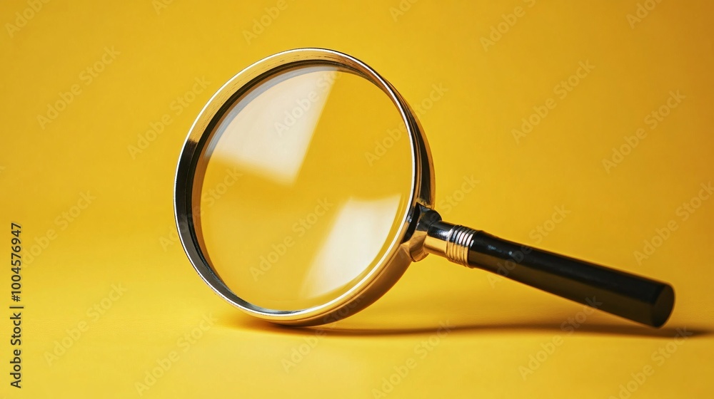 Magnifying Glass on Yellow Background with Reflection and Shadow - Close-Up of Optical Tool for Inspection and Research Magnifying Glass on Yellow Background with Reflection and Shadow - Close-Up of Optical Tool for Inspection and Research