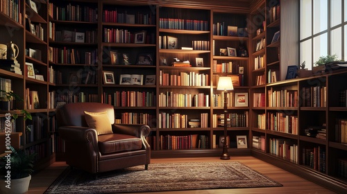 A cozy reading nook featuring a leather armchair beside a bookshelf filled with books, illuminated by warm light.