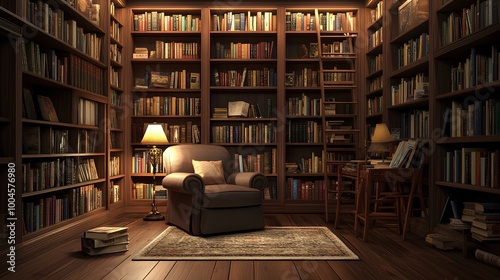 A cozy reading nook illuminated by warm light, surrounded by towering bookshelves filled with countless books.