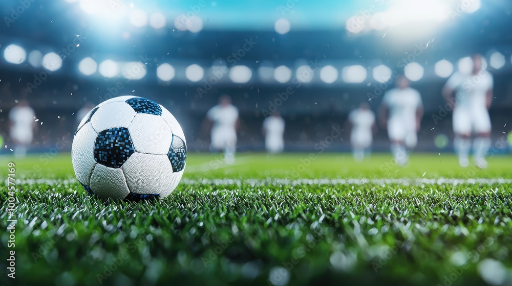 Obraz premium Focused Soccer Ball on Wet Grass at a Stadium