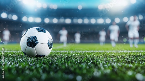 Focused Soccer Ball on Wet Grass at a Stadium
