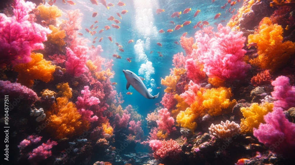 Obraz premium Dolphin Swimming Through Vibrant Coral Reef