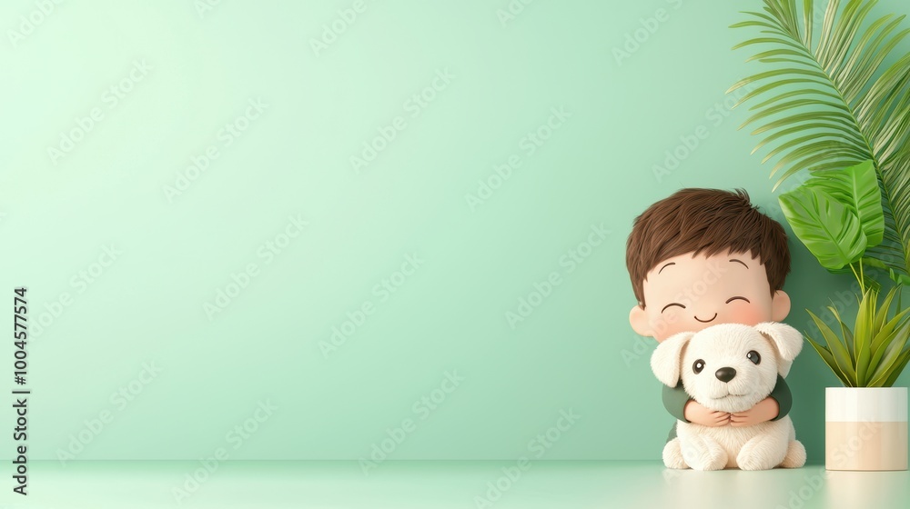 Cute child hugging plush dog with green background Cute child hugging plush dog with green background