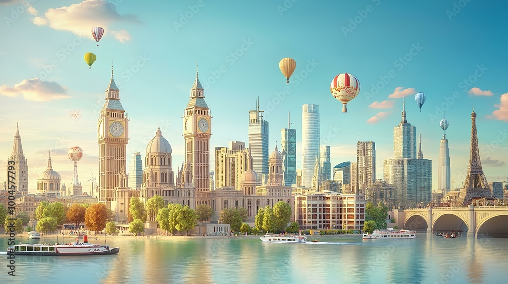 Fototapeta premium A vibrant skyline featuring iconic landmarks, hot air balloons, and a scenic river view, blending modern and classic architecture.