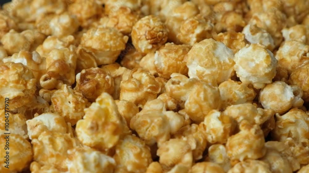 Caramelized sweet popcorn pours and spins, slow motion Caramelized sweet popcorn pours and spins, slow motion