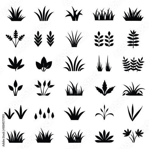 Minimalist Black Icons of Grass, Leaves, and Plants in Flat Design, Vector Graphics, Ink Drawing