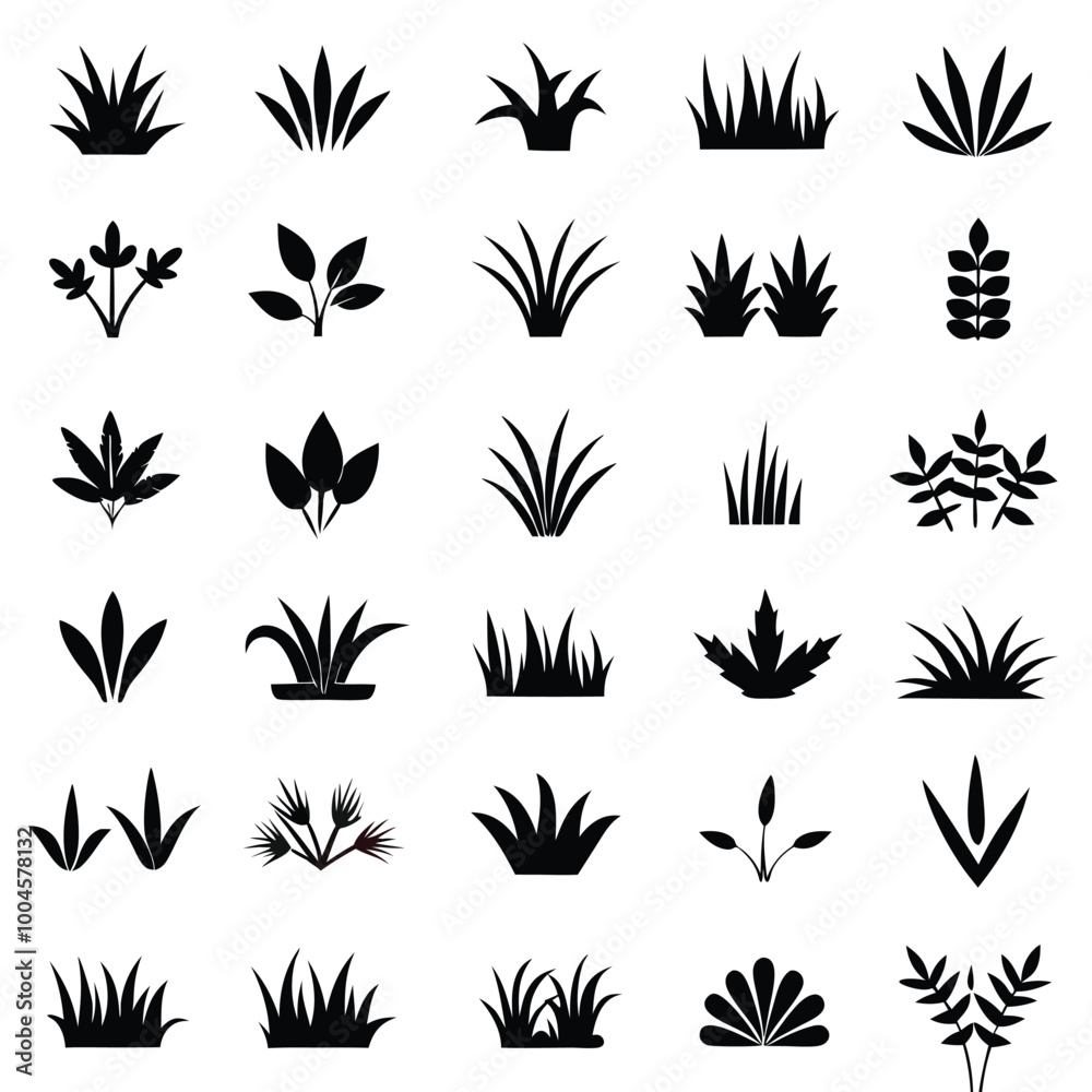 Fototapeta premium Minimalist Black Icons of Grass, Leaves, and Plants in Flat Design, Vector Graphics, Ink Drawing