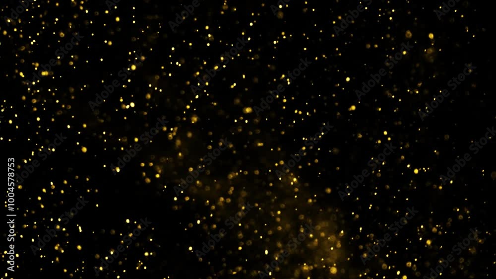 Gold Particles Moving Background. fast energy flying wave line with flash lights. Particle from below. Particle gold dust flickering on black background. Abstract Footage background for text.