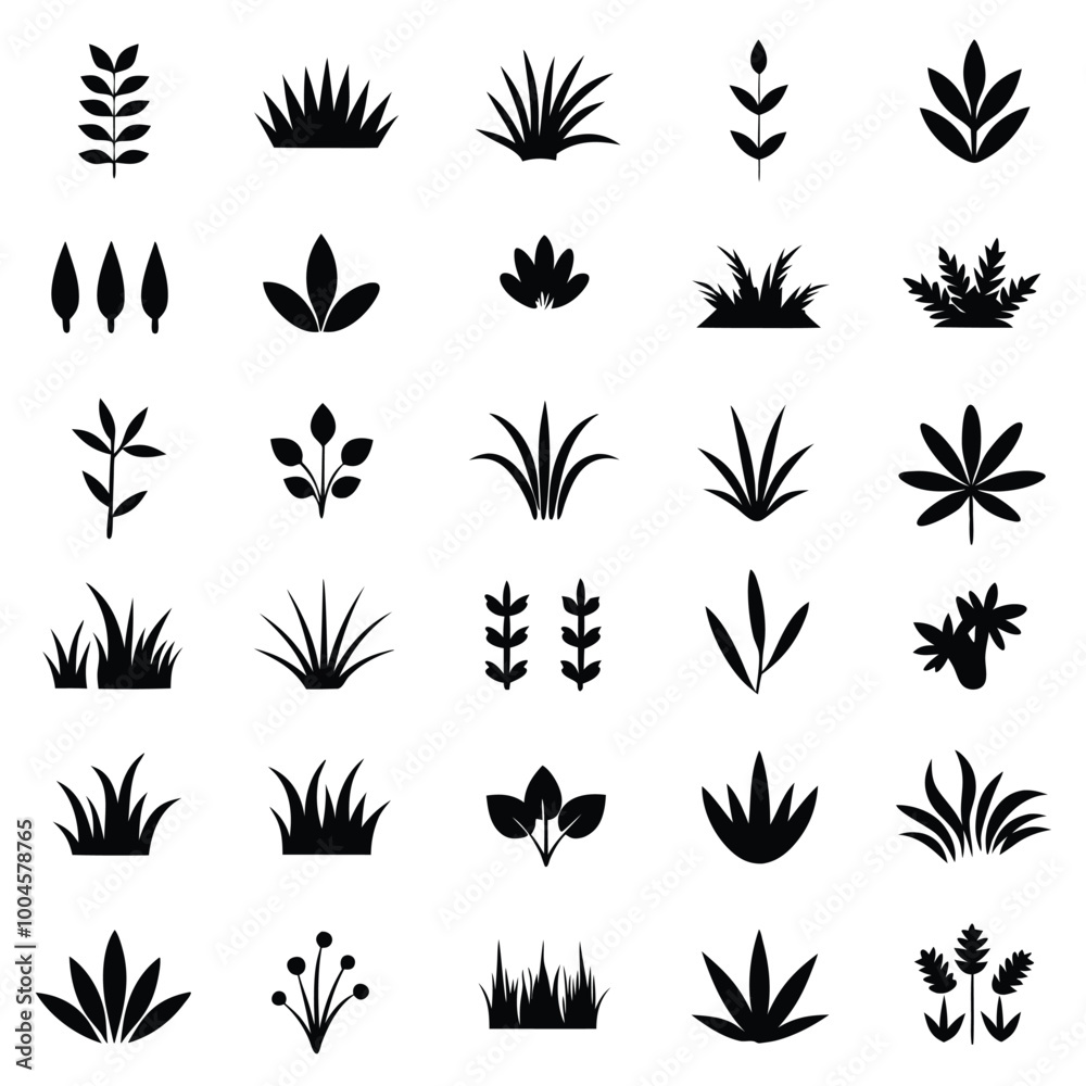Minimalist Black Icons of Grass, Leaves, and Plants in Flat Design, Vector Graphics, Ink Drawing Minimalist Black Icons of Grass, Leaves, and Plants in Flat Design, Vector Graphics, Ink Drawing