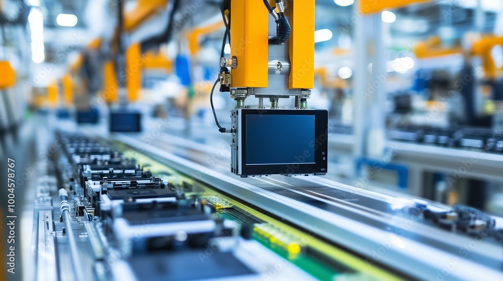 Automated assembly line with robotic arms working on electronic devices in a manufacturing facility