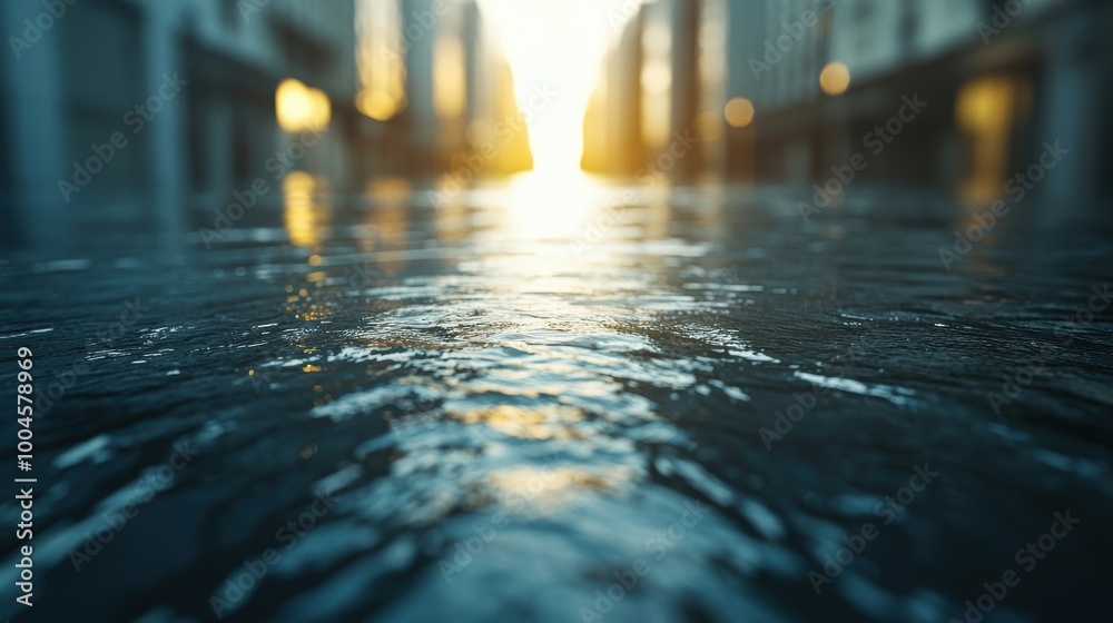 Obraz premium Sunset Reflection Over a Water-Paved Urban Street