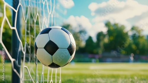 A soccer ball is in the back of the net with the goal frame.