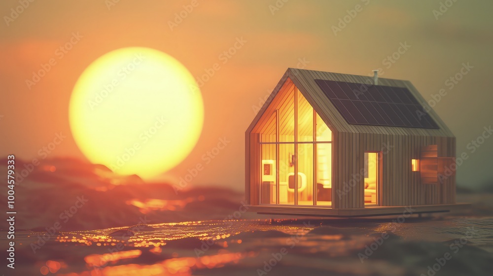 A model of a self-sufficient, off-grid modern tiny house, with an abstract, glowing sun in the background. A model of a self-sufficient, off-grid modern tiny house, with an abstract, glowing sun in the background.