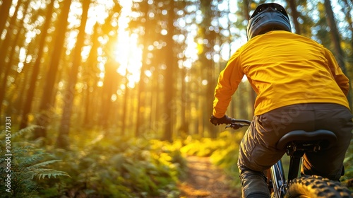 Mountain Biker Riding Through Forest at Sunset