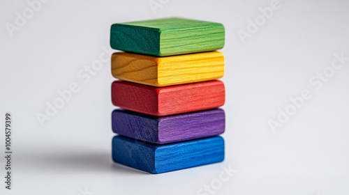 Colorful Wooden Blocks Stacked in a Tower on a White Background