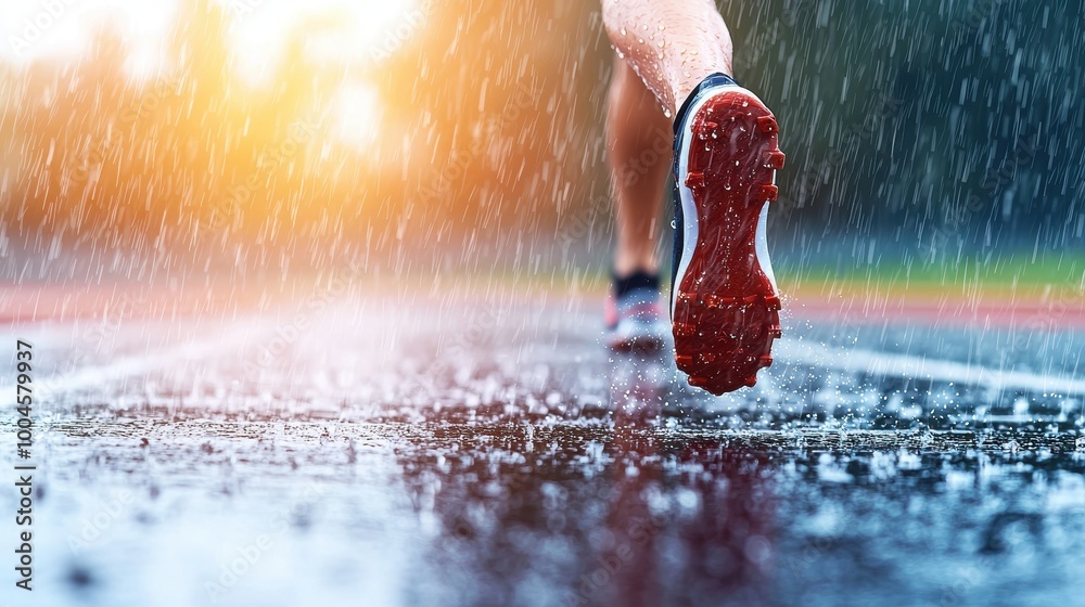 Rainy Day Running on Track with Athletic Shoes Rainy Day Running on Track with Athletic Shoes