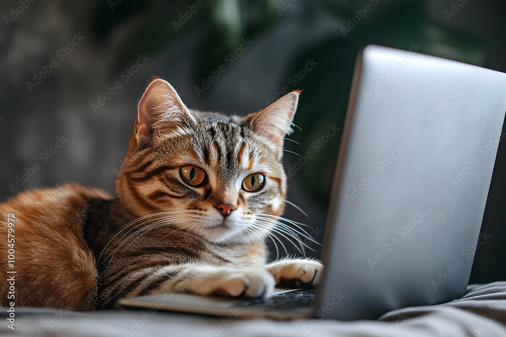 Cute cat looking computer laptop on background. Cute cat looking computer laptop on background.