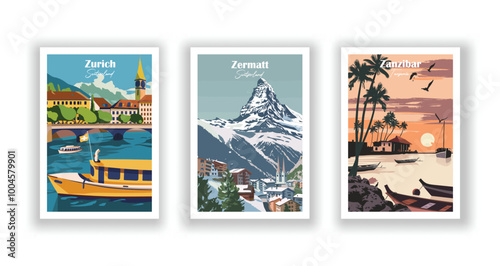 Zanzibar, Tanzania,Zermatt, Switzerland, Zurich, Switzerland - Vintage travel poster. Vector illustration. High quality prints