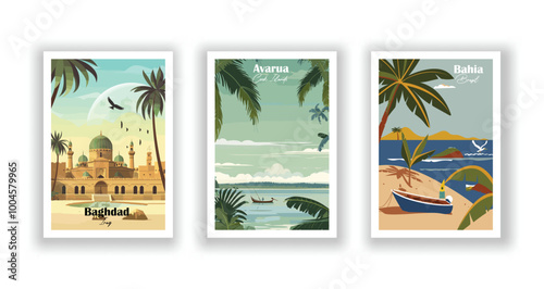 Avarua, Cook Islands, Baghdad, Iraq, Bahia, Brazil - Vintage travel poster. Vector illustration. High quality prints