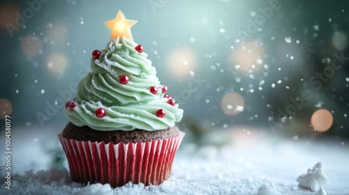 Christmas tree on cupcake, delicious xmas muffin with icing. Cream shaped like a christmas tree on cupcake, cake to celebrate seasonal holiday.