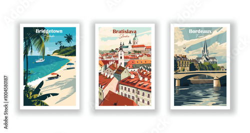 Bordeaux, France, Bratislava, Slovakia, Bridgetown, Barbados - Vintage travel poster. Vector illustration. High quality prints