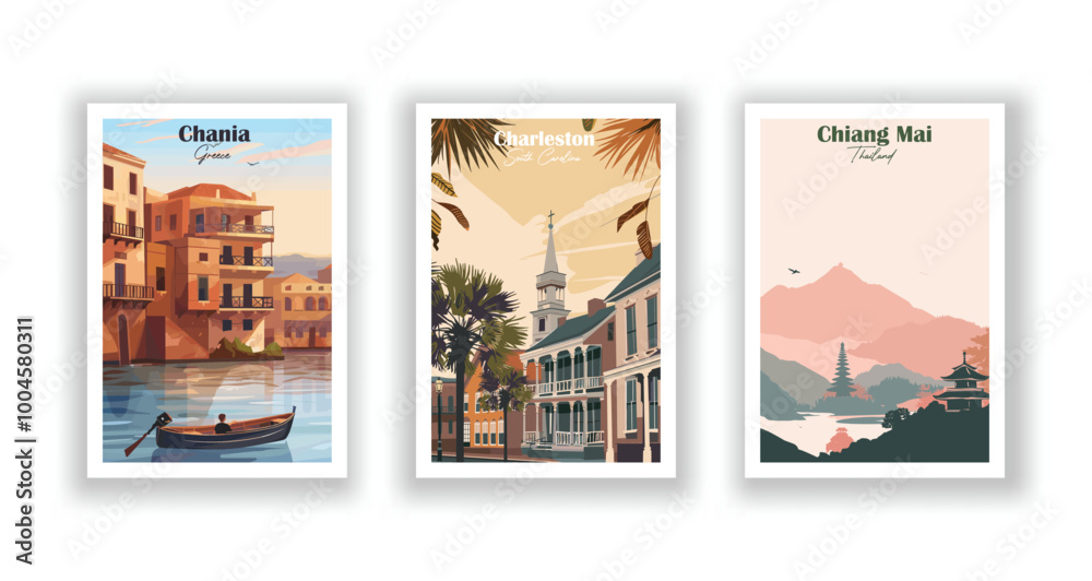 Obraz premium Chania, Greece, Charleston, South Carolina, Chiang Mai, Thailand - Vintage travel poster. Vector illustration. High quality prints