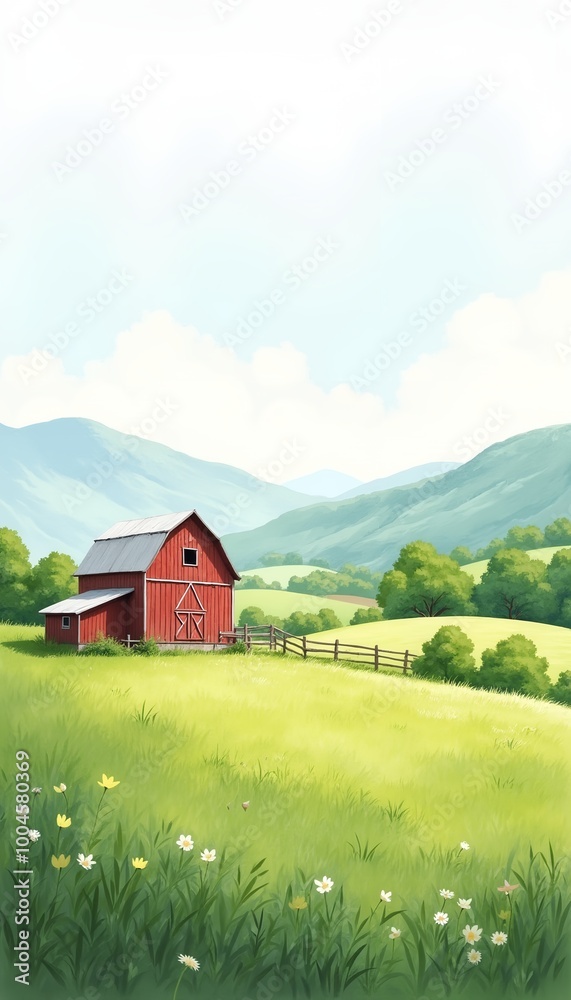 Rustic landscape illustration with a lone barn and green fields