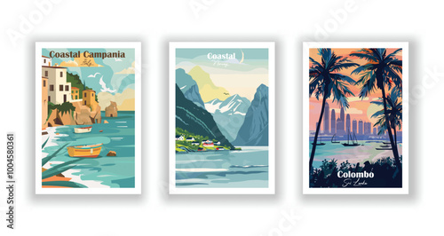Coastal Campania, Italy, Coastal Norway, Colombo, Sri Lanka - Vintage travel poster. Vector illustration. High quality prints