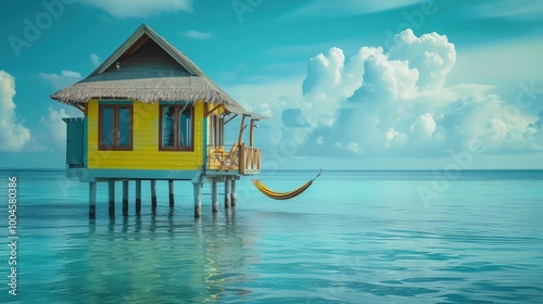 A small, colorful beach house on stilts, overlooking a tranquil ocean, with a hammock swaying in the breeze."