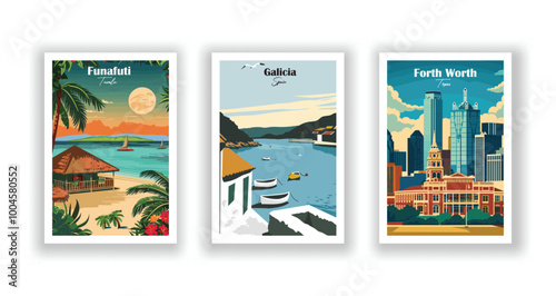 Fort Worth, Texas, Funafuti, Tuvalu, Galicia, Spain - Vintage travel poster. Vector illustration. High quality prints