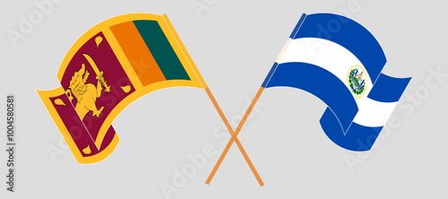 Crossed and waving flags of Sri Lanka and Republic of El Salvador. Vector illustration