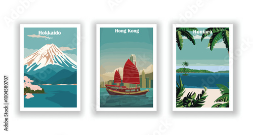 Hokkaido, Japan, Hong Kong,Honiara, Solomon Islands - Vintage travel poster. Vector illustration. High quality prints