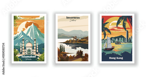 Islamabad, Pakistan, Hong Kong,Inverness, Scotland - Vintage travel poster. Vector illustration. High quality prints