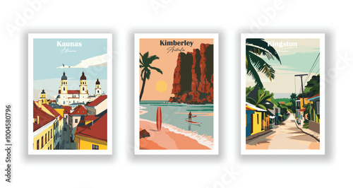 Kaunas, Lithuania, Kimberley, Australia, Kingston, Jamaica - Vintage travel poster. Vector illustration. High quality prints