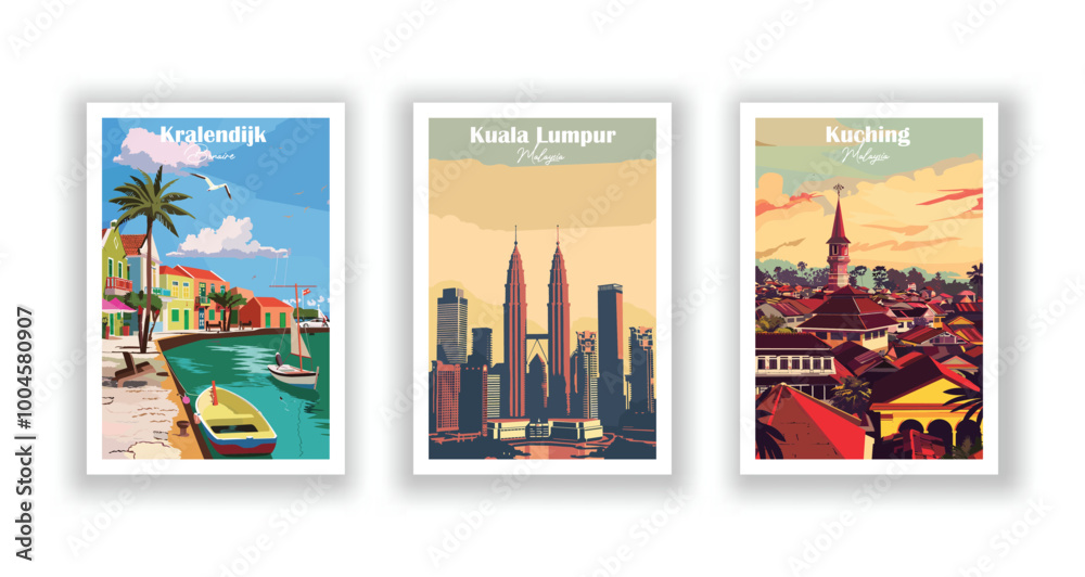 Obraz premium Kralendijk, Bonaire, Kuala Lumpur, Malaysia, Kuching, Malaysia - Vintage travel poster. Vector illustration. High quality prints