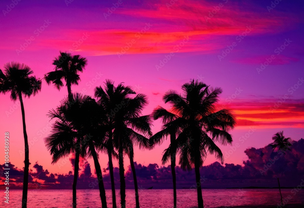 stunning vibrant palm tree silhouette colorful sunset sky rich tones purple casting beautiful shadows, colors, orange, pink, contrast, tropical, landscape stunning vibrant palm tree silhouette colorful sunset sky rich tones purple casting beautiful shadows, colors, orange, pink, contrast, tropical, landscape