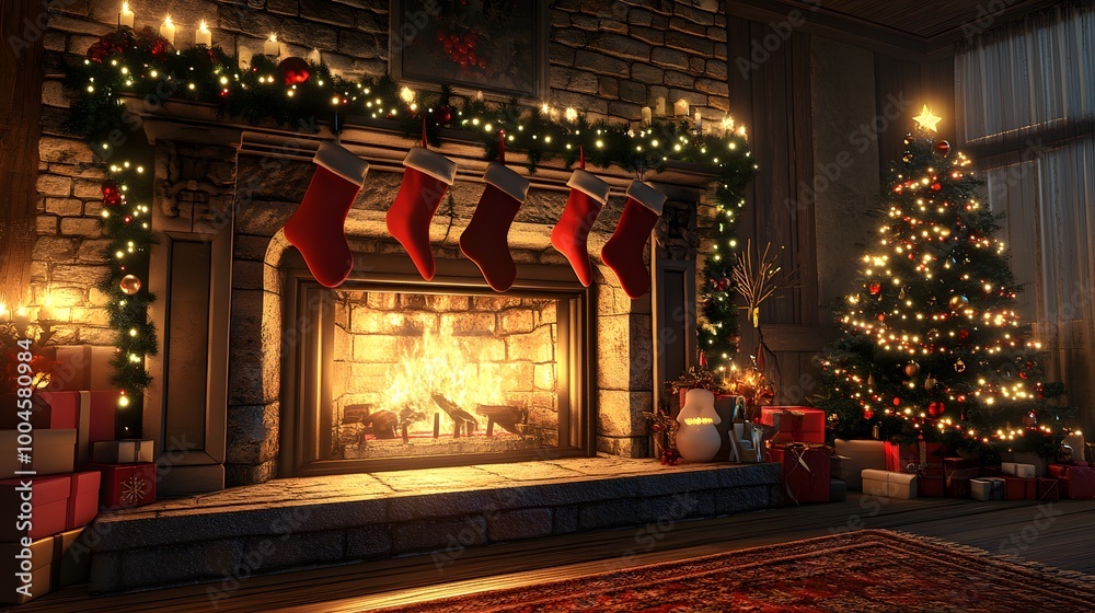 A 3D fireplace with stockings hung and glowing Christmas lights twinkling softly A 3D fireplace with stockings hung and glowing Christmas lights twinkling softly