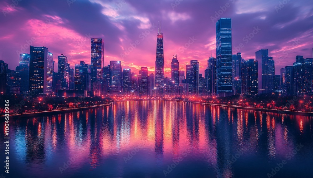 Cityscape with skyscrapers reflected in water at sunset. Cityscape with skyscrapers reflected in water at sunset.