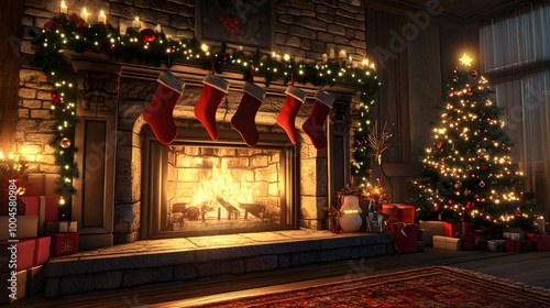 A 3D fireplace with stockings hung and glowing Christmas lights twinkling softly