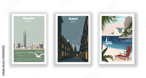 Mallorca, Spain, Malmö, Sweden, Manama, Bahrain - Vintage travel poster. Vector illustration. High quality prints