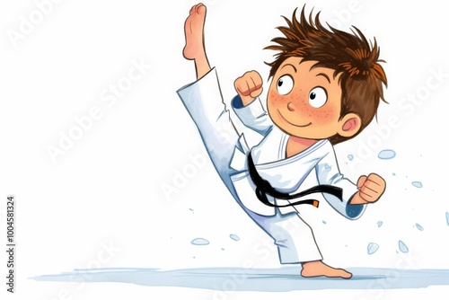 Child performing karate kick in martial arts uniform, white background