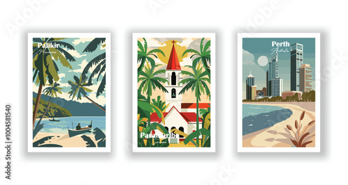 Palikir, Micronesia, Paramaribo, Suriname, Perth, Australia - Vintage travel poster. Vector illustration. High quality prints