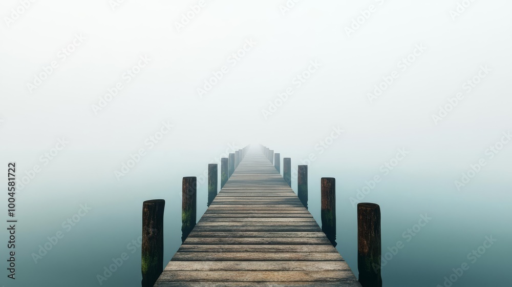 Abandoned pier with fog, serene and desolate, 3D illustration Abandoned pier with fog, serene and desolate, 3D illustration