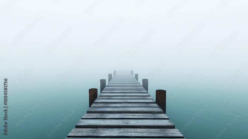 Abandoned pier with fog, serene and desolate, 3D illustration Abandoned pier with fog, serene and desolate, 3D illustration