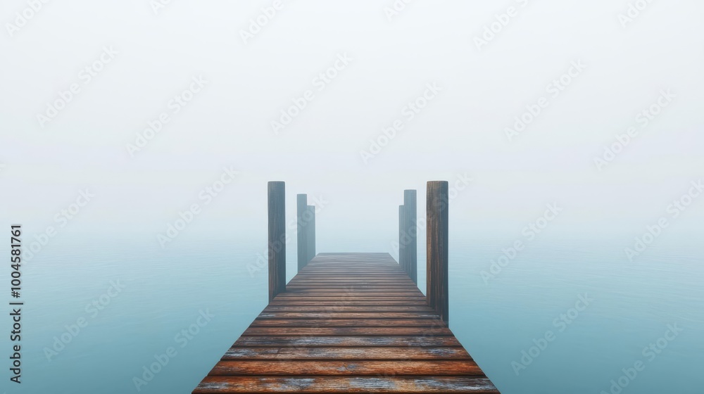 Fototapeta premium Abandoned pier with fog, serene and desolate, 3D illustration