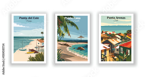 Punta Arenas, Chile, Punta Cana, Dominican Republic, Punta del Este, Uruguay - Vintage travel poster. Vector illustration. High quality prints