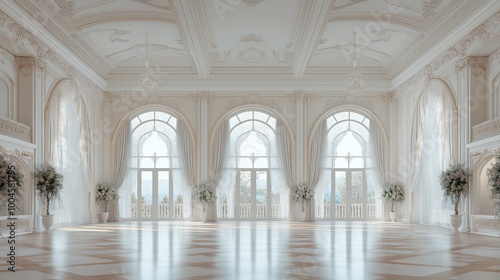 Wide Ballroom European Baroque Style White Marble Floor High Ceiling and Curtains Classy Elegant Historical Palace Castle Room Balcony 3