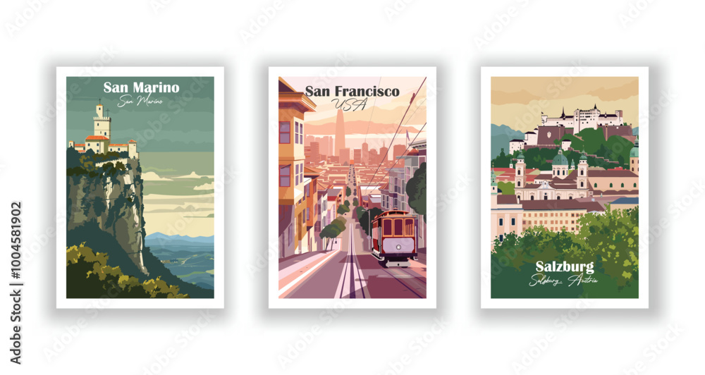 Fototapeta premium Salzburg, Austria, San Francisco, USA, San Marino, San Marino - Vintage travel poster. Vector illustration. High quality prints